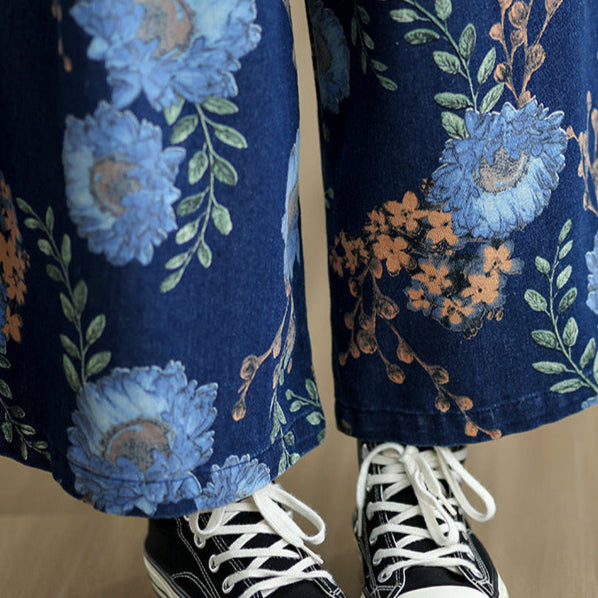 Babakud Women Spring Vintage Denim Printed Floral Wide-Leg Pants