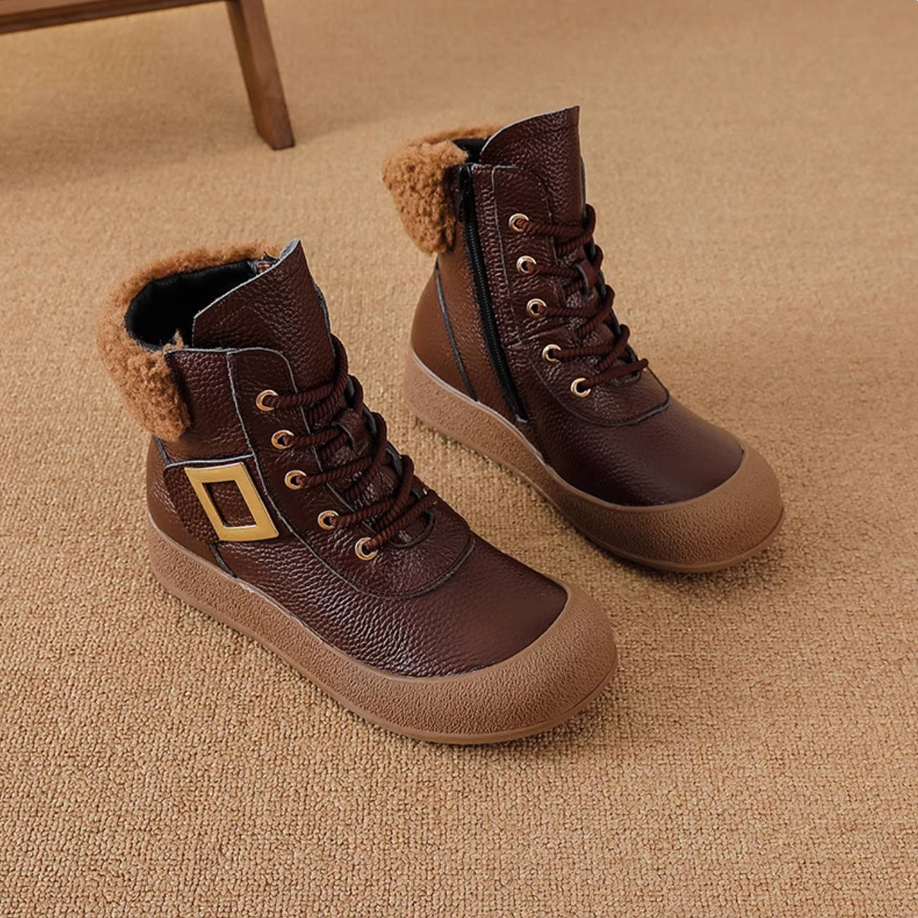 Genuine Top Leather Warm Casual Round Toe Soft Sole Ankle Boots