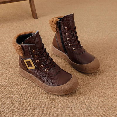 Genuine Top Leather Warm Casual Round Toe Soft Sole Ankle Boots