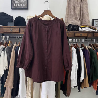 Round Neck Cotton Linen Loose Single-Breasted Shirt