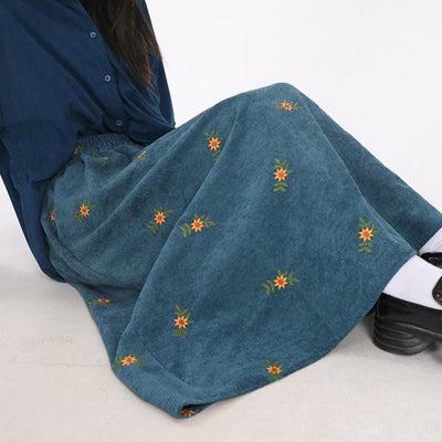 Women Vintage Corduroy Embroidered Floral High-Waist Thick A-Line Skirt
