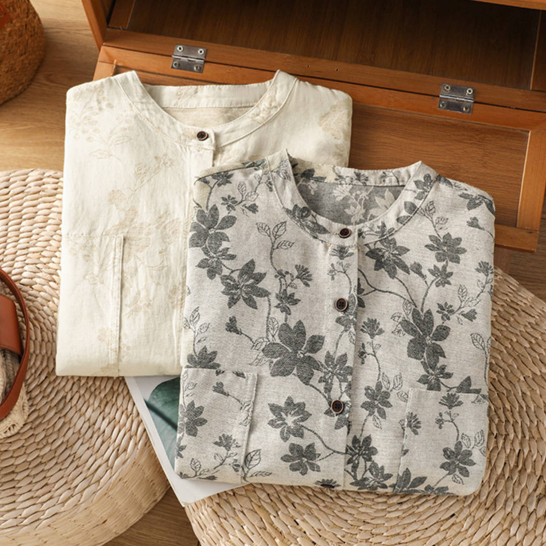 Bohemian Print Linen Shacket Stand Collar Long Sleeve Oversized Top