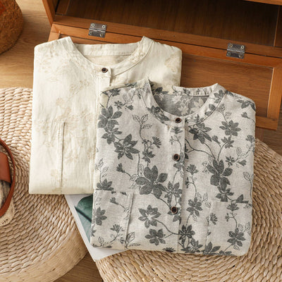 Bohemian Print Linen Shacket Stand Collar Long Sleeve Oversized Top