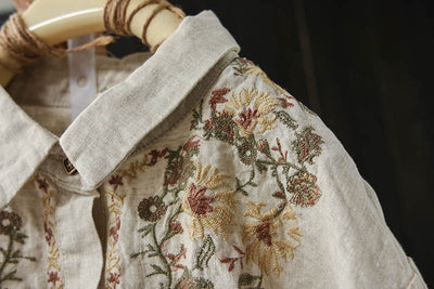 Women Vintage Embroidered Floral Casual Linen Shirt