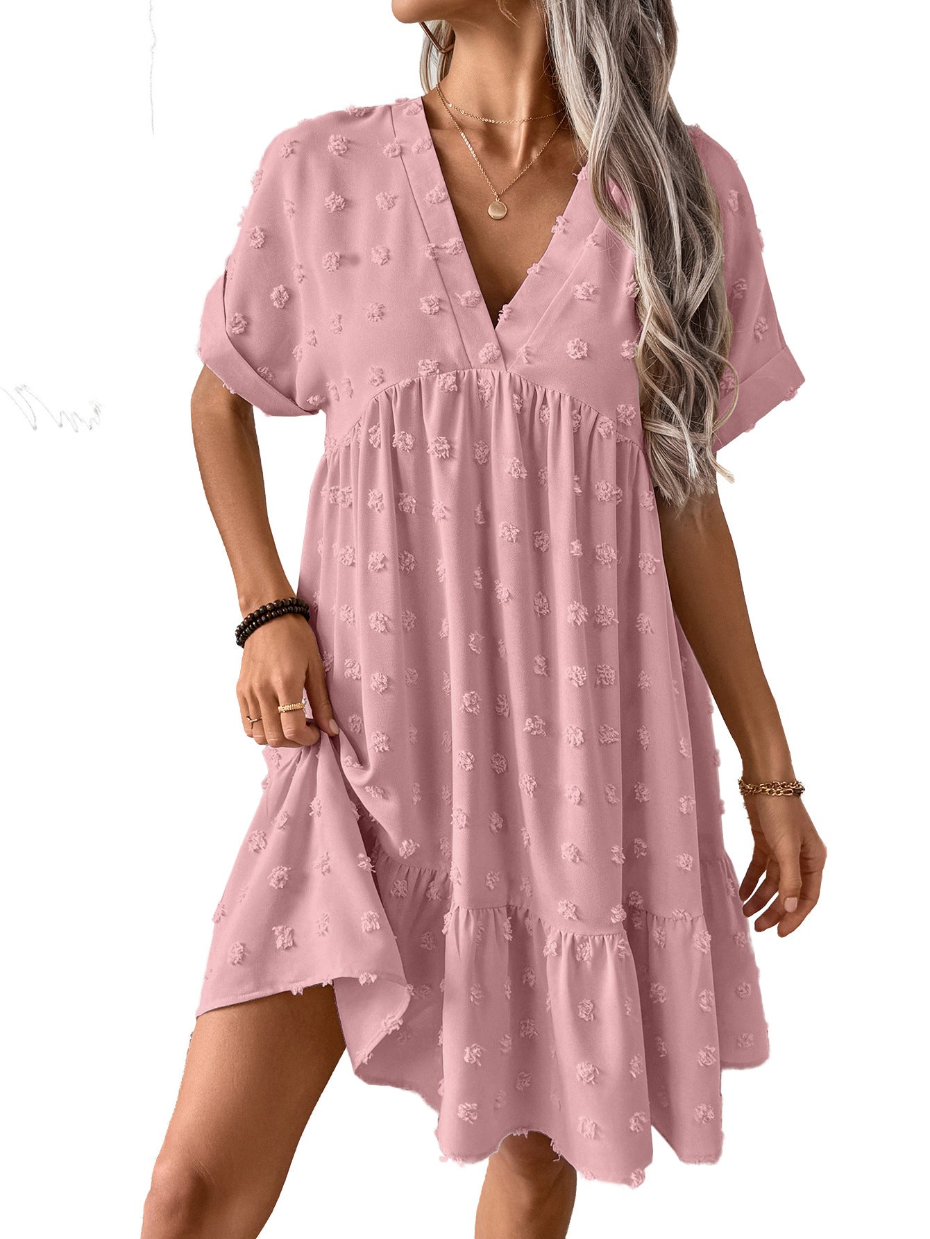 Casual V-Neck Solid Color Loose Roll-Up Sleeve Ruffled Dress