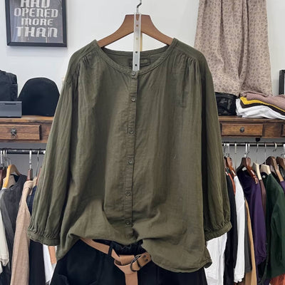Round Neck Cotton Linen Loose Single-Breasted Shirt