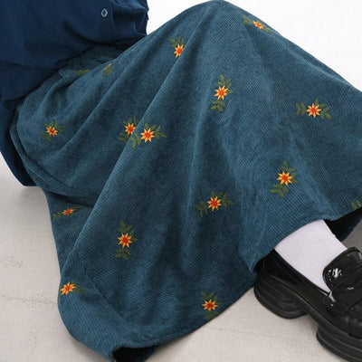 Women Vintage Corduroy Embroidered Floral High-Waist Thick A-Line Skirt