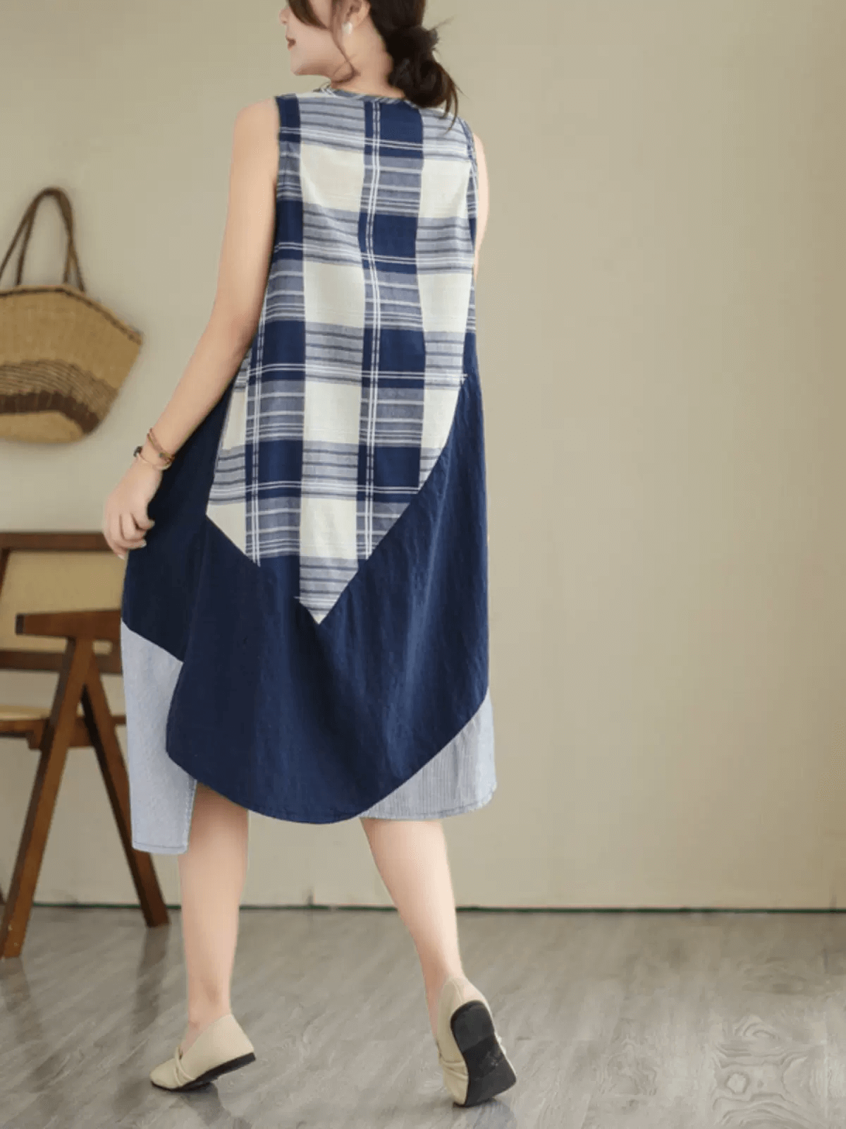 Babakud Women Patchwork Cotton Linen Midi Dress