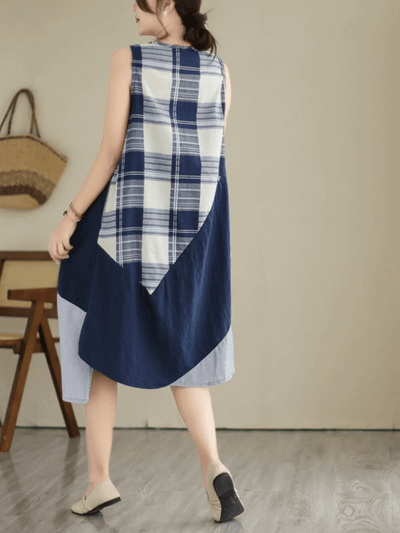 Babakud Women Patchwork Cotton Linen Midi Dress
