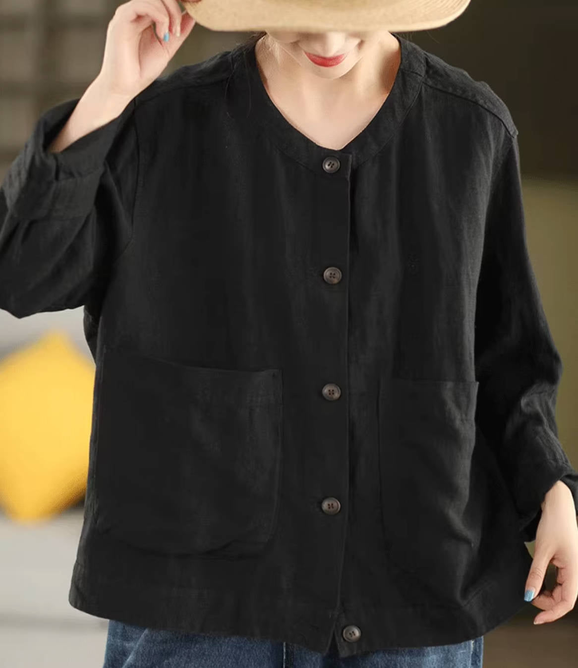 Retro 100% Linen Round Neck Single-Breasted Pockets Shirt