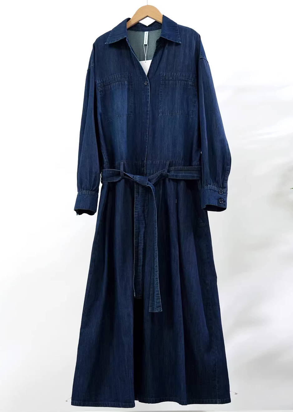 Retro Denim Comfortable Blue Lapel Loose Lace-Up A-Line Dress
