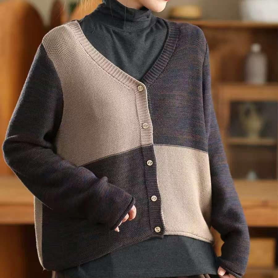 Women Winter Vintage V-Neck Colorblock Cotton Wool Sweater