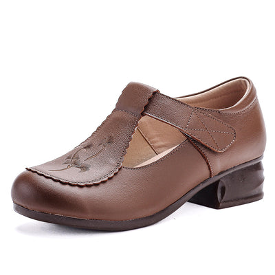 Genuine Leather Round Toe Floral Printed Cut Out Velcro Chunky Shoes