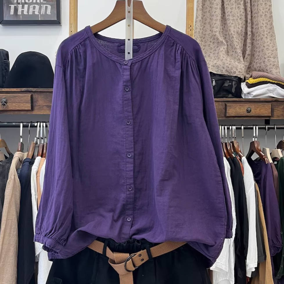 Round Neck Cotton Linen Loose Single-Breasted Shirt