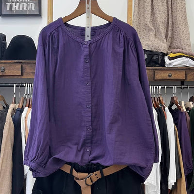 Round Neck Cotton Linen Loose Single-Breasted Shirt
