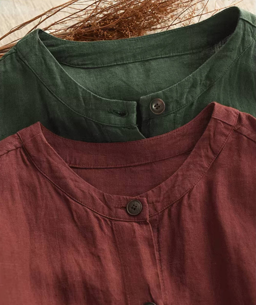 Retro 100% Linen Round Neck Single-Breasted Pockets Shirt