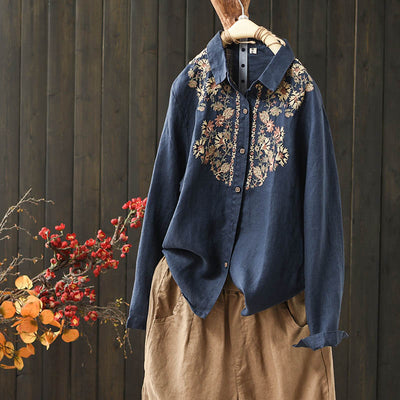Women Vintage Embroidered Floral Casual Linen Shirt