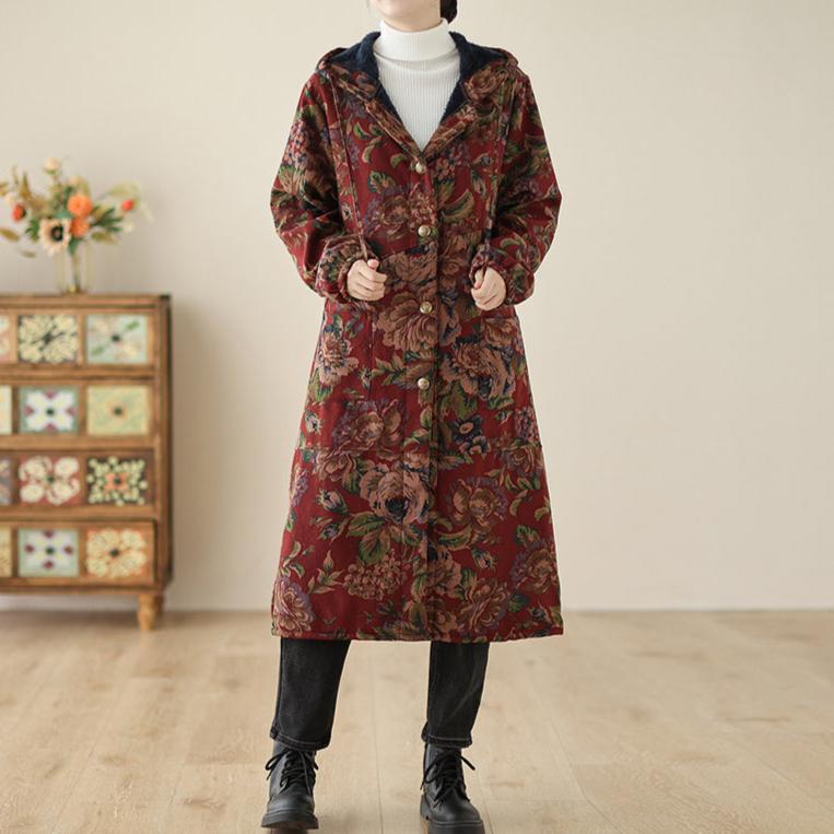 Women Winter Vintage Floral Fleece-Lined Trench Cotton Long Coat