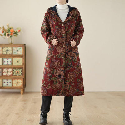 Women Winter Vintage Floral Fleece-Lined Trench Cotton Long Coat