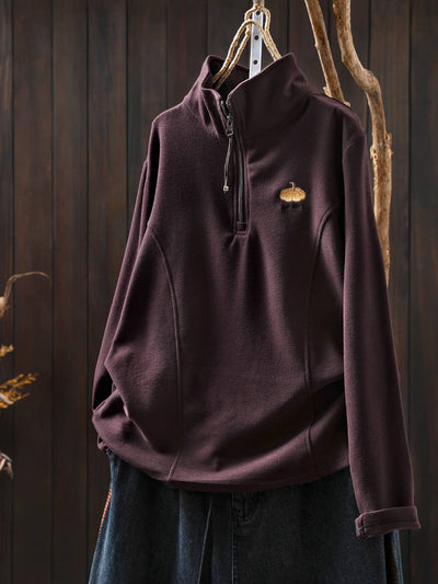 Warm Cotton Stand Collar Embroidered Zipper Neck Long Sleeves Tops