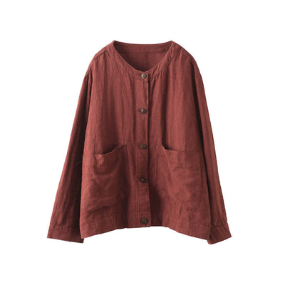Retro 100% Linen Round Neck Single-Breasted Pockets Shirt