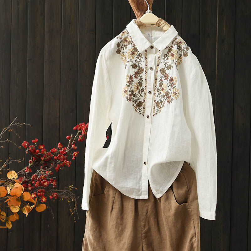 Women Vintage Embroidered Floral Casual Linen Shirt
