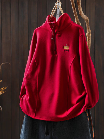 Warm Cotton Stand Collar Embroidered Zipper Neck Long Sleeves Tops