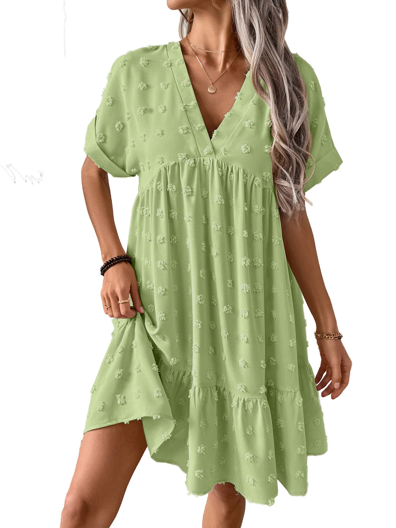 Casual V-Neck Solid Color Loose Roll-Up Sleeve Ruffled Dress