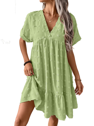 Casual V-Neck Solid Color Loose Roll-Up Sleeve Ruffled Dress