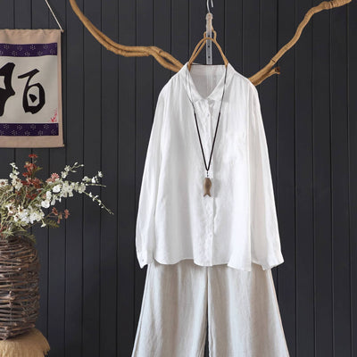 Autumn Linen Casual Singel-Breasted Loose Shirt With Pocket