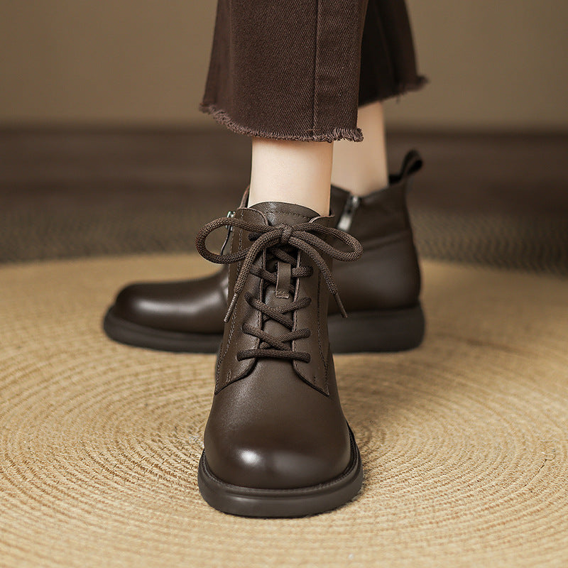Winter Warm Genuine Leather Soft Sole Lace-Up Zipper Boots