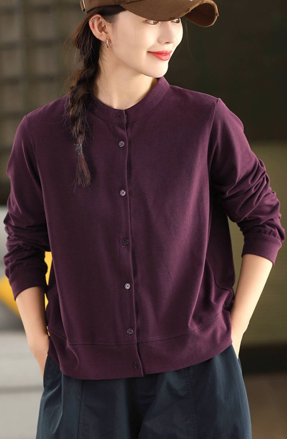 Retro Cotton Solid Color Single Breasted Round Neck Cardigans