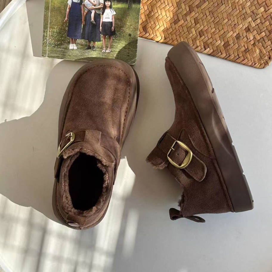 Winter Leather Sueded Wide Toe Fleece-Lined Platform Ankle Boots