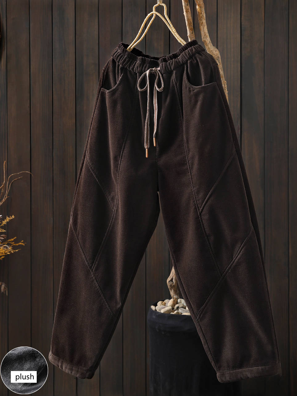 Winter Retro Cotton Warm Solid Color Lace-Up Plush Pants