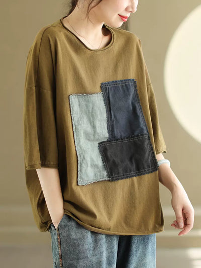 Babakud Women Retro Patchwork Color Block Tee