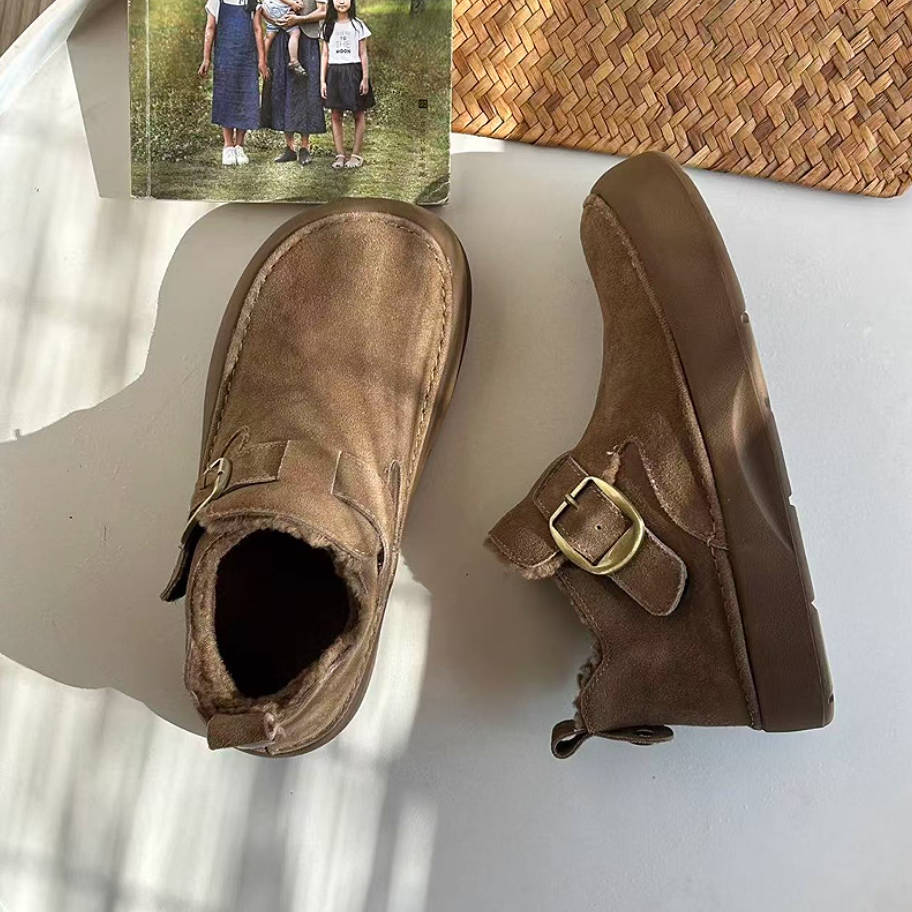 Winter Leather Sueded Wide Toe Fleece-Lined Platform Ankle Boots