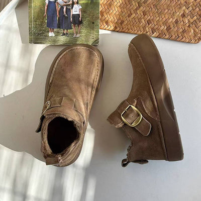 Winter Leather Sueded Wide Toe Fleece-Lined Platform Ankle Boots