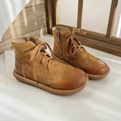 Autumn Winter Leather Sueded Patchwork Lace-Up Zipper Ankle Boots