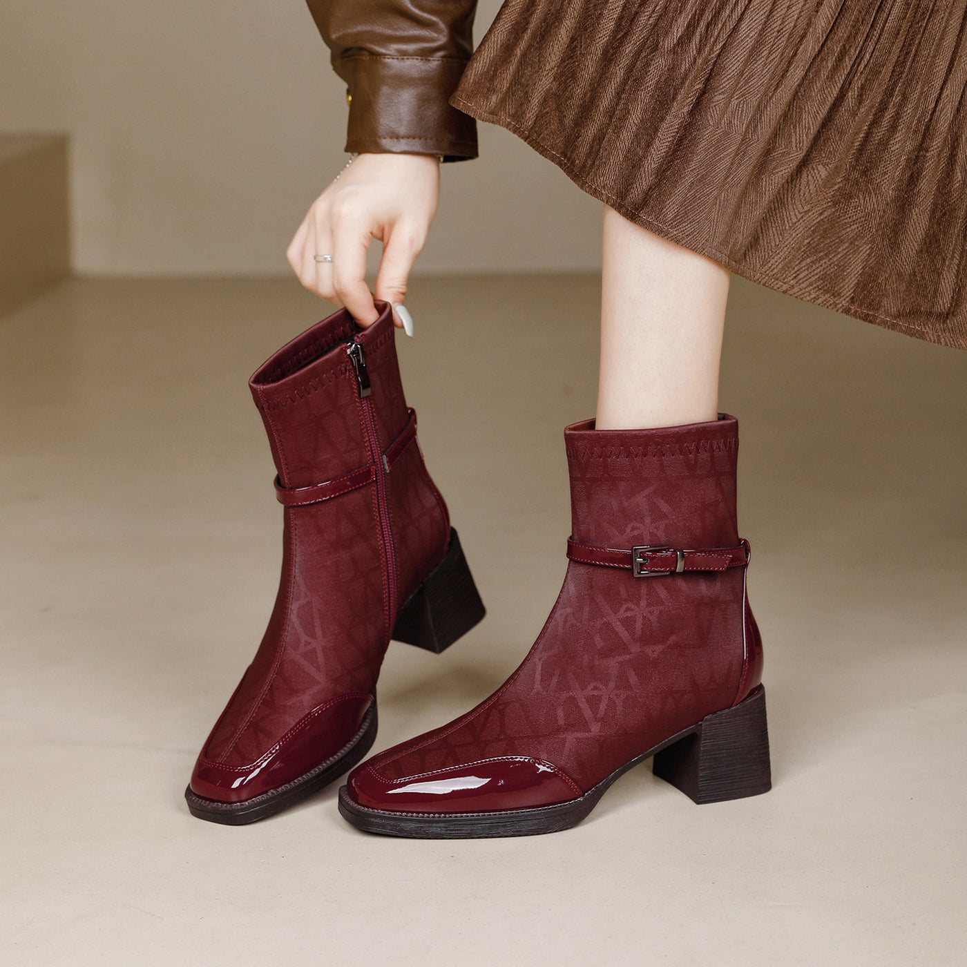 Top Leather Trendy Printed Patchwork Zipper High Heel Boots