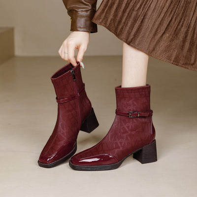 Top Leather Trendy Printed Patchwork Zipper High Heel Boots