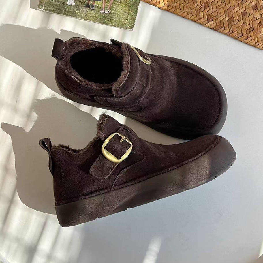 Winter Leather Sueded Wide Toe Fleece-Lined Platform Ankle Boots