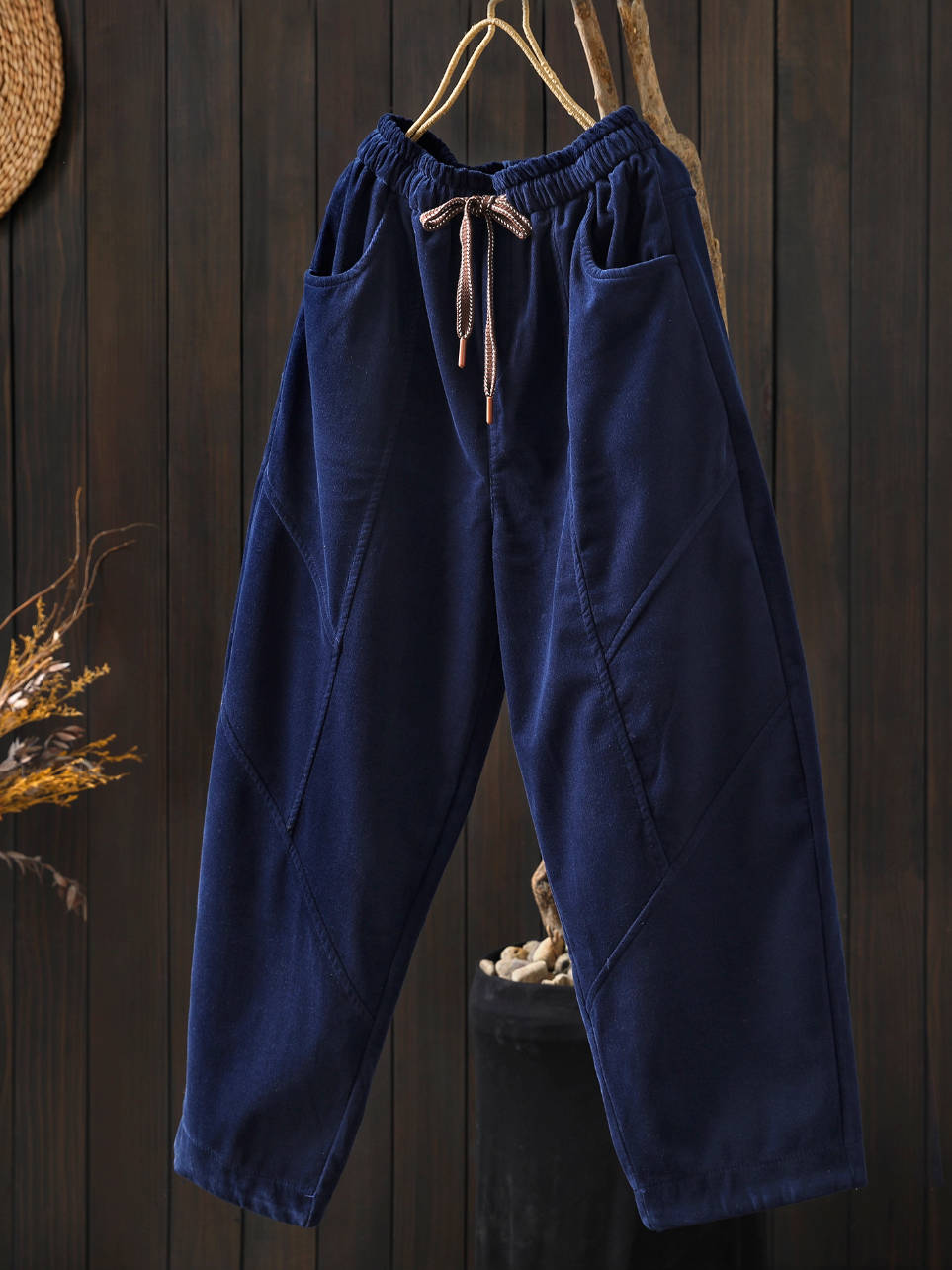 Winter Retro Cotton Warm Solid Color Lace-Up Plush Pants