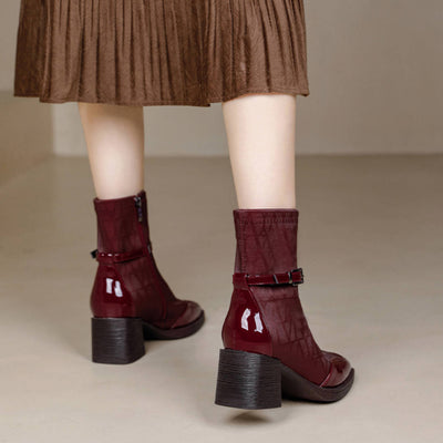 Top Leather Trendy Printed Patchwork Zipper High Heel Boots