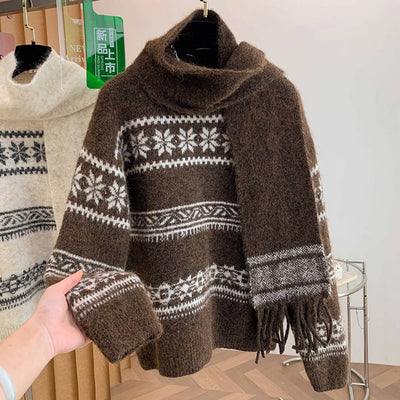 Winter Retro Round Neck Printed Striped Warm Casual Sewater With Scarf