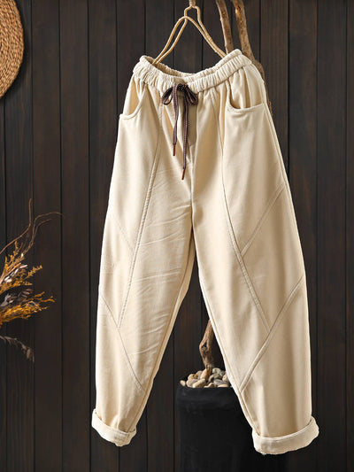 Winter Retro Cotton Warm Solid Color Lace-Up Plush Pants
