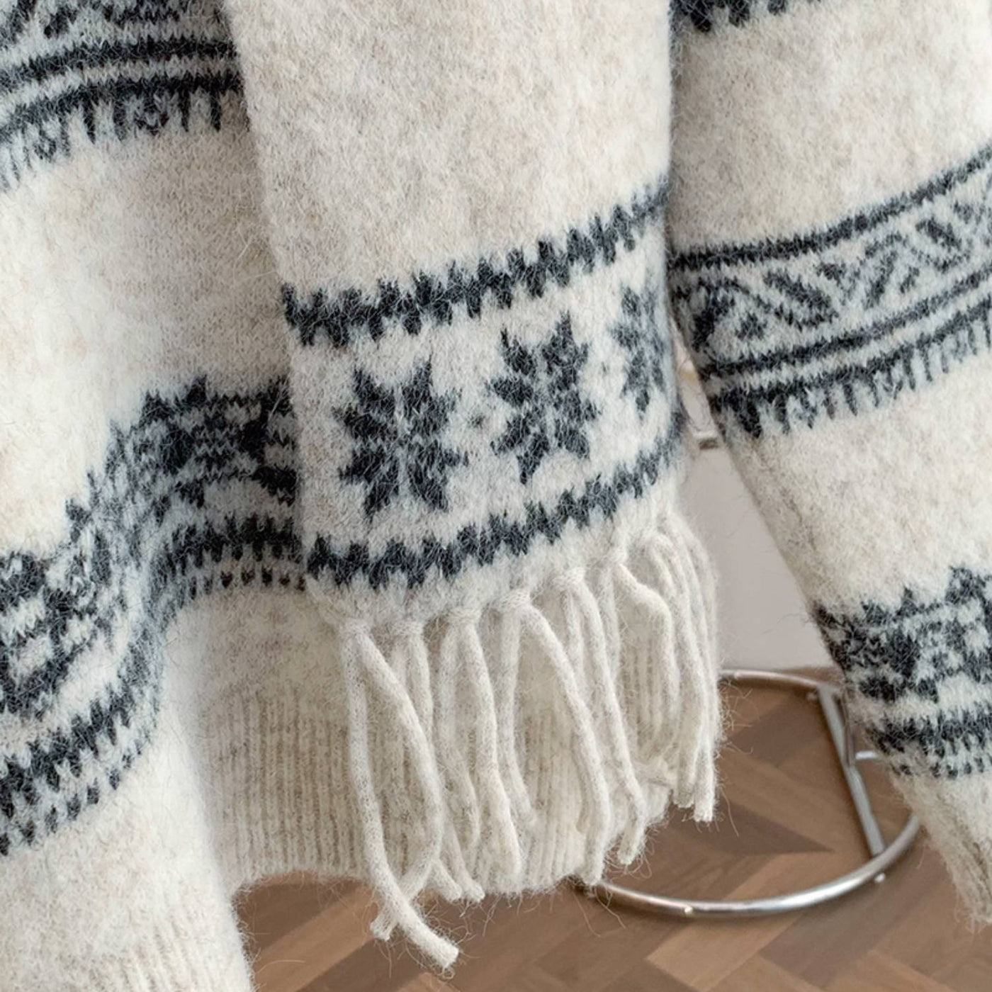 Winter Retro Round Neck Printed Striped Warm Casual Sewater With Scarf