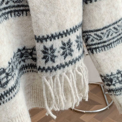 Winter Retro Round Neck Printed Striped Warm Casual Sewater With Scarf