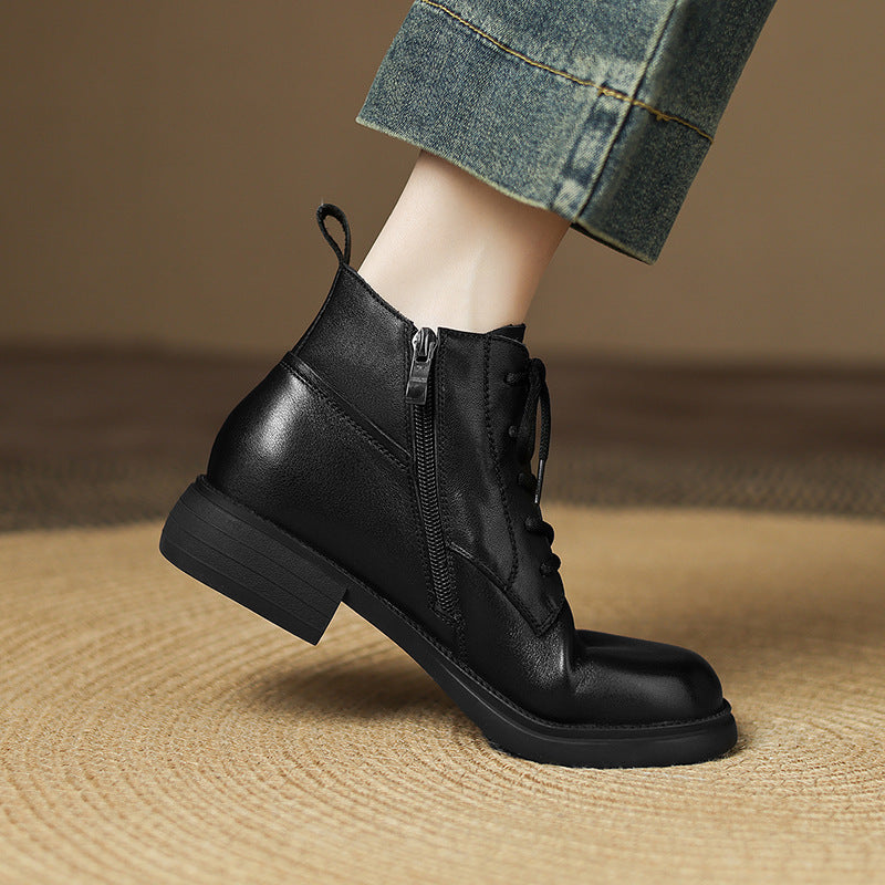 Winter Warm Genuine Leather Soft Sole Lace-Up Zipper Boots
