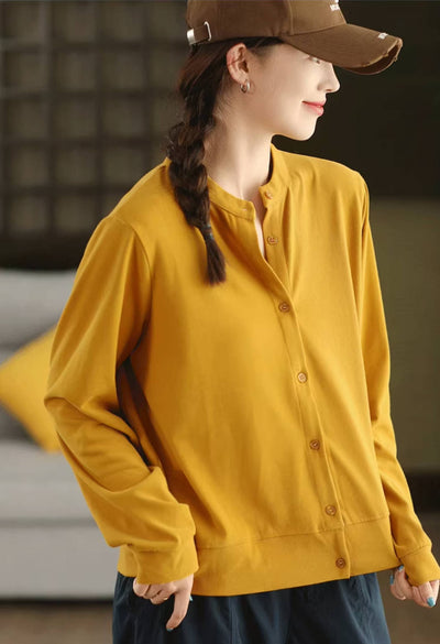 Retro Cotton Solid Color Single Breasted Round Neck Cardigans