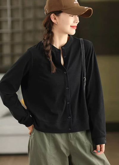 Retro Cotton Solid Color Single Breasted Round Neck Cardigans
